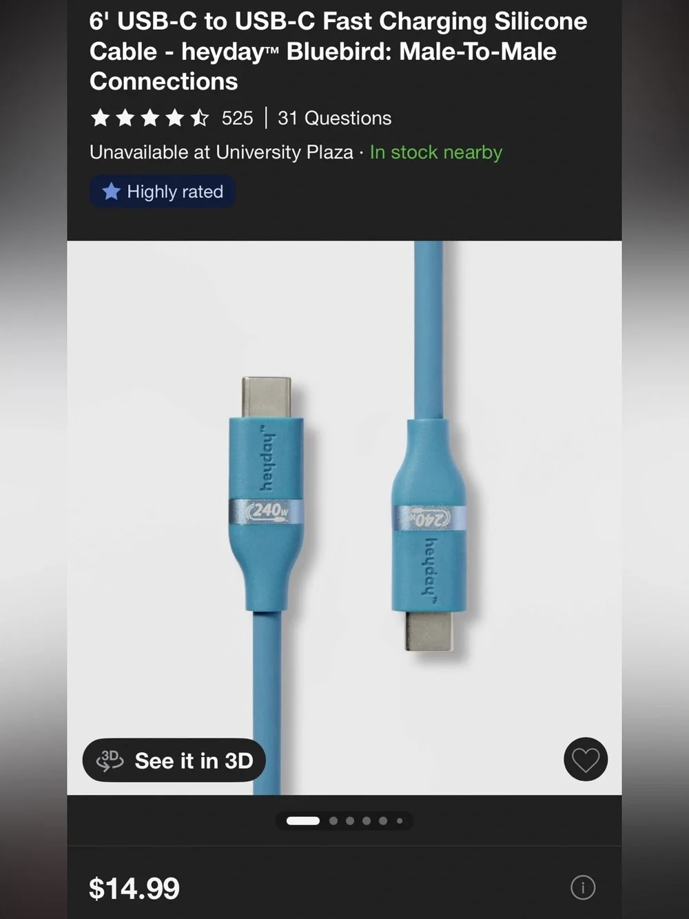 heyday USB-C to USB-C Fast Charging Cable — Teal
